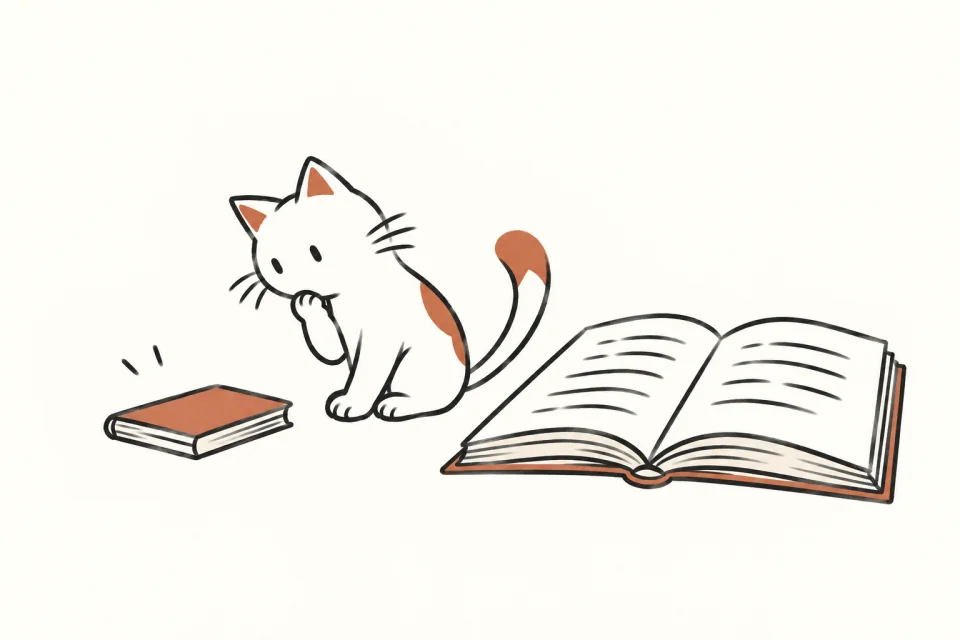 The arel cat choosing between a thin book and a much larger open book